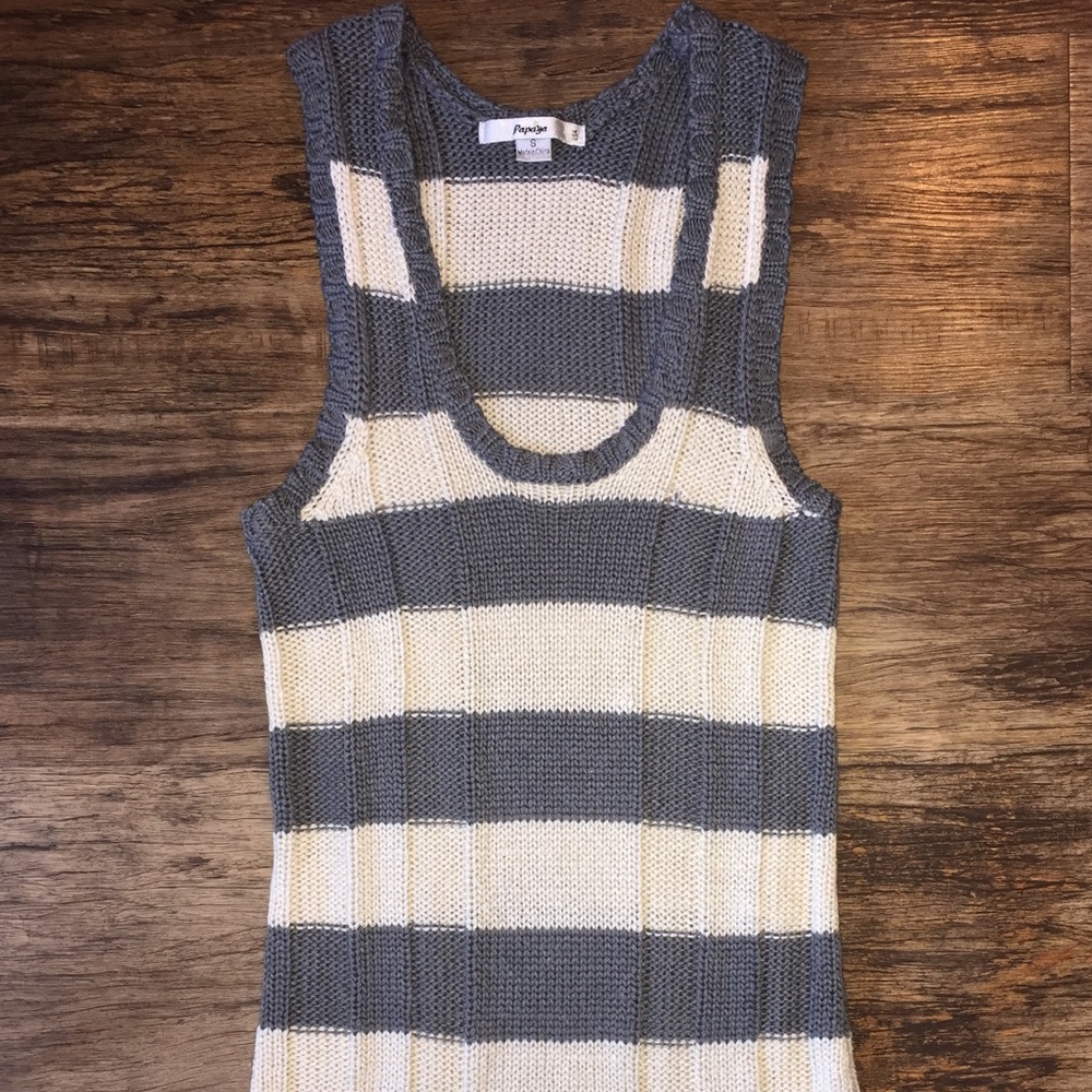Long Knit Sleeveless Striped Top with Pockets